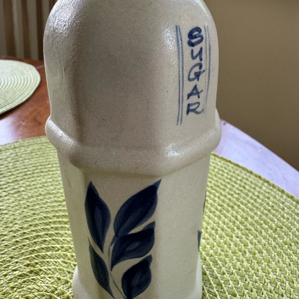 Stoneware Sugar Jar with Blue Leaf Design